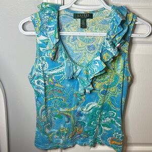 Lauren Ralph Lauren Blue Paisley Ruffle Tank Top